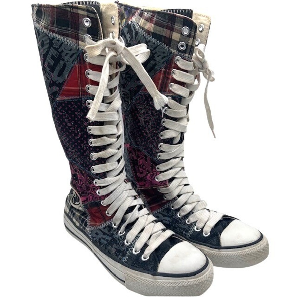 Red by Marc Ecko Y2K Sneaker Boots 7 Patchwork Knee High Grunge Punk Zipper